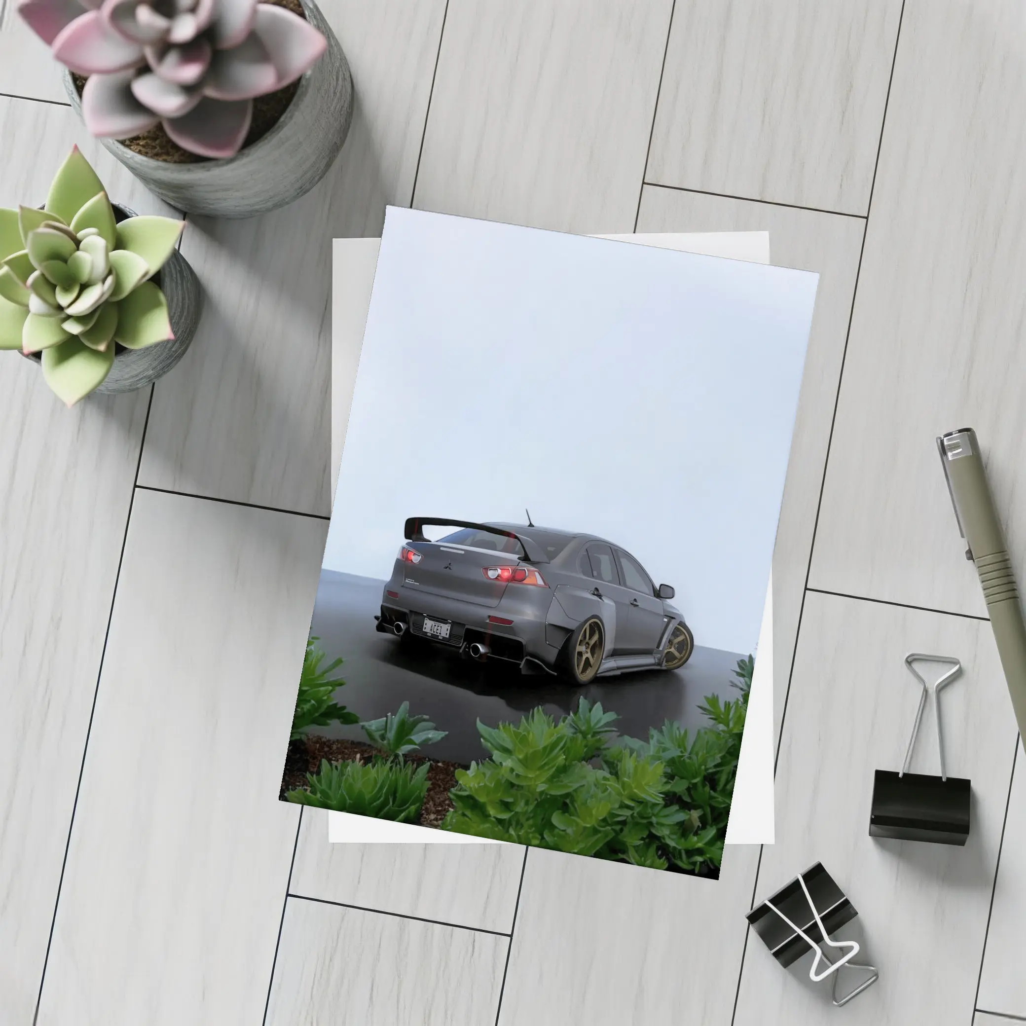 Mitsubishi Lancer Evolution Gray Wet Parking – Postcards