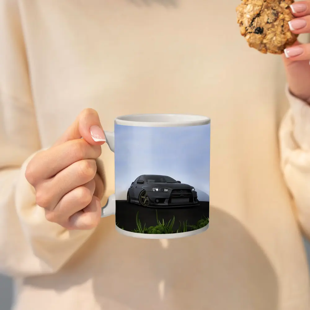 Mitsubishi Lancer Evo Matte Gray Street Scene – Mugs