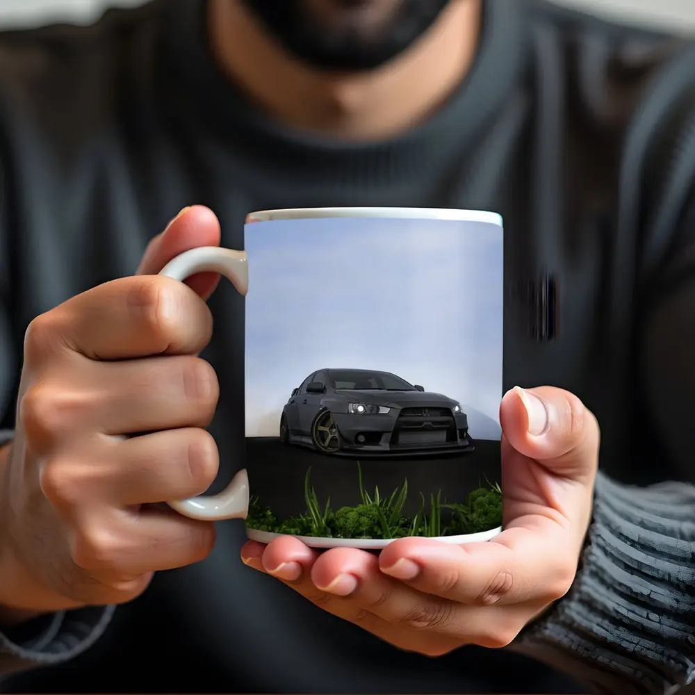 Mitsubishi Lancer Evo Matte Gray Street Scene – Mugs