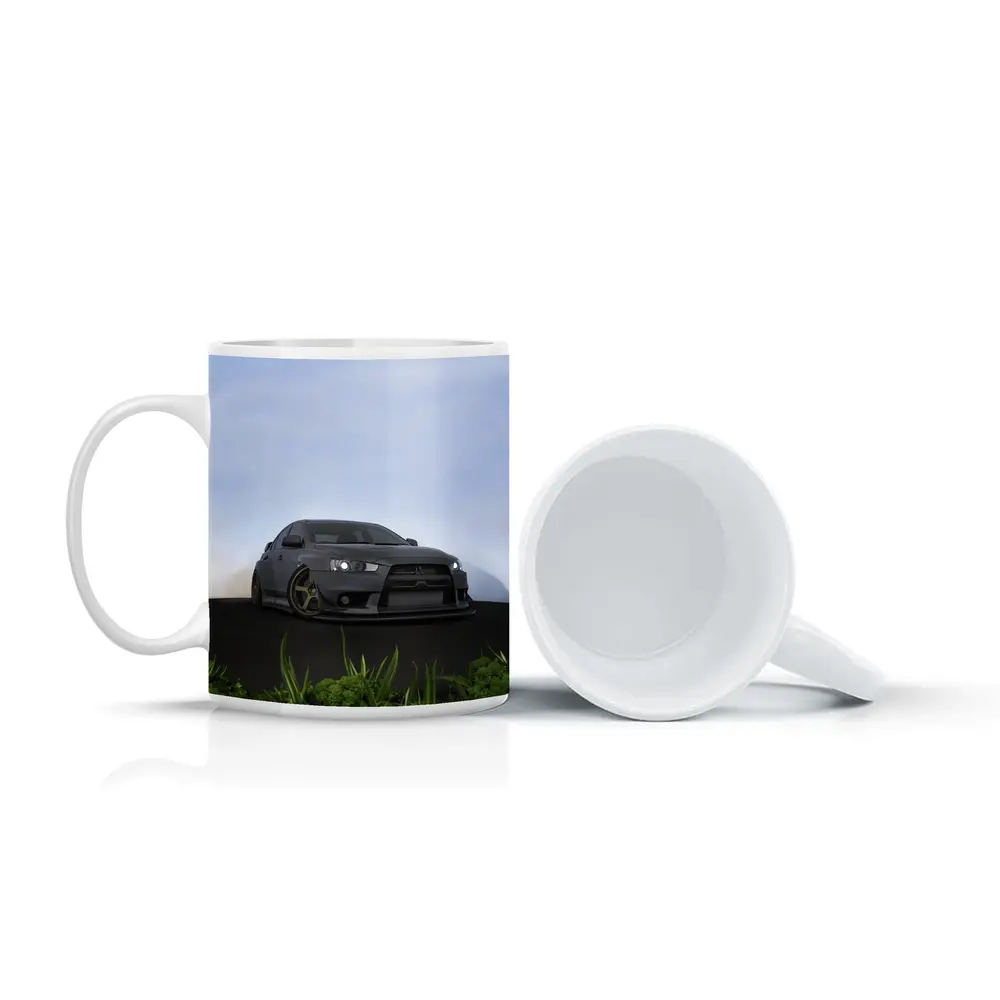 Mitsubishi Lancer Evo Matte Gray Street Scene – Mugs