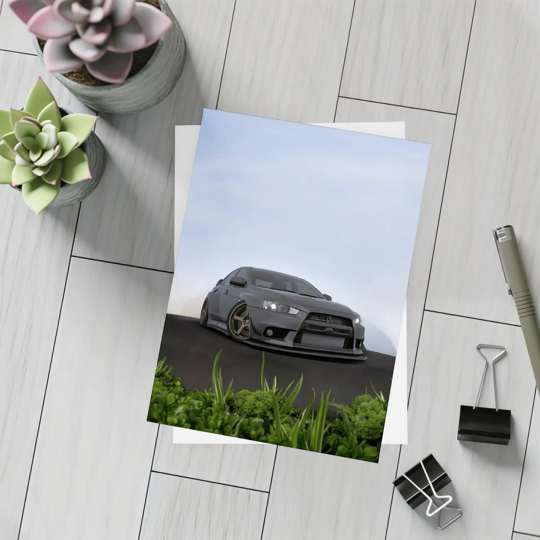 Mitsubishi Lancer Evo Matte Gray Street Scene – Postcards