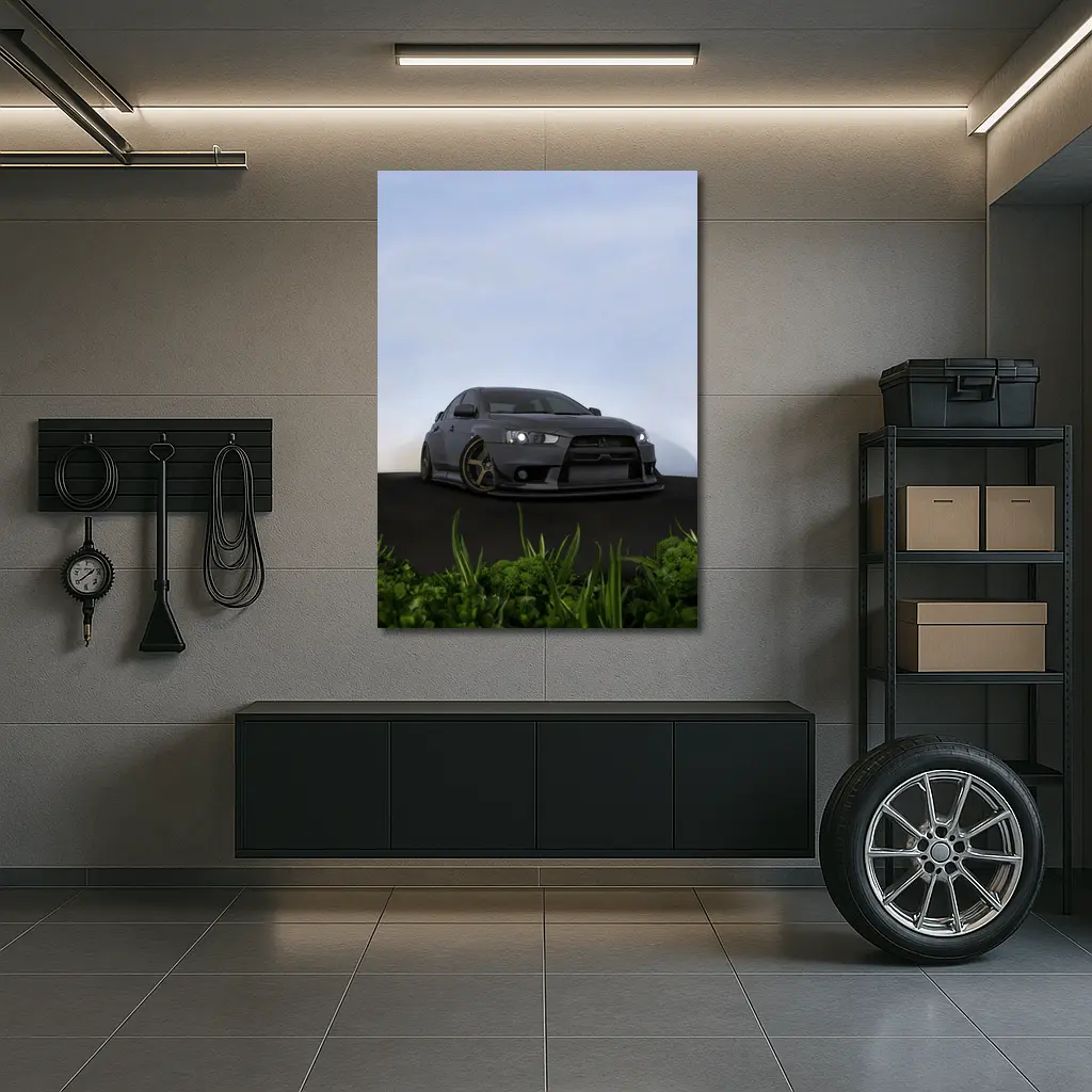 Mitsubishi Lancer Evo Matte Gray Street Scene – Wall Art