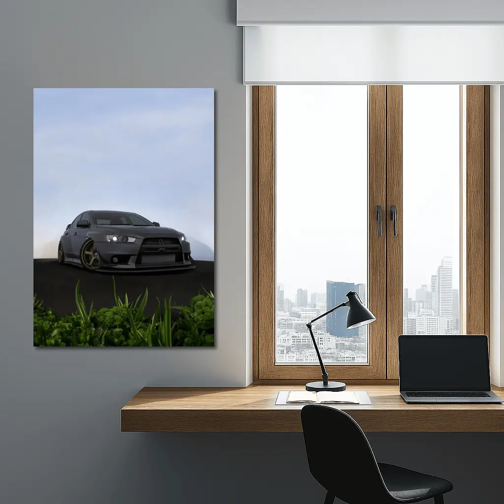 Mitsubishi Lancer Evo Matte Gray Street Scene – Wall Art