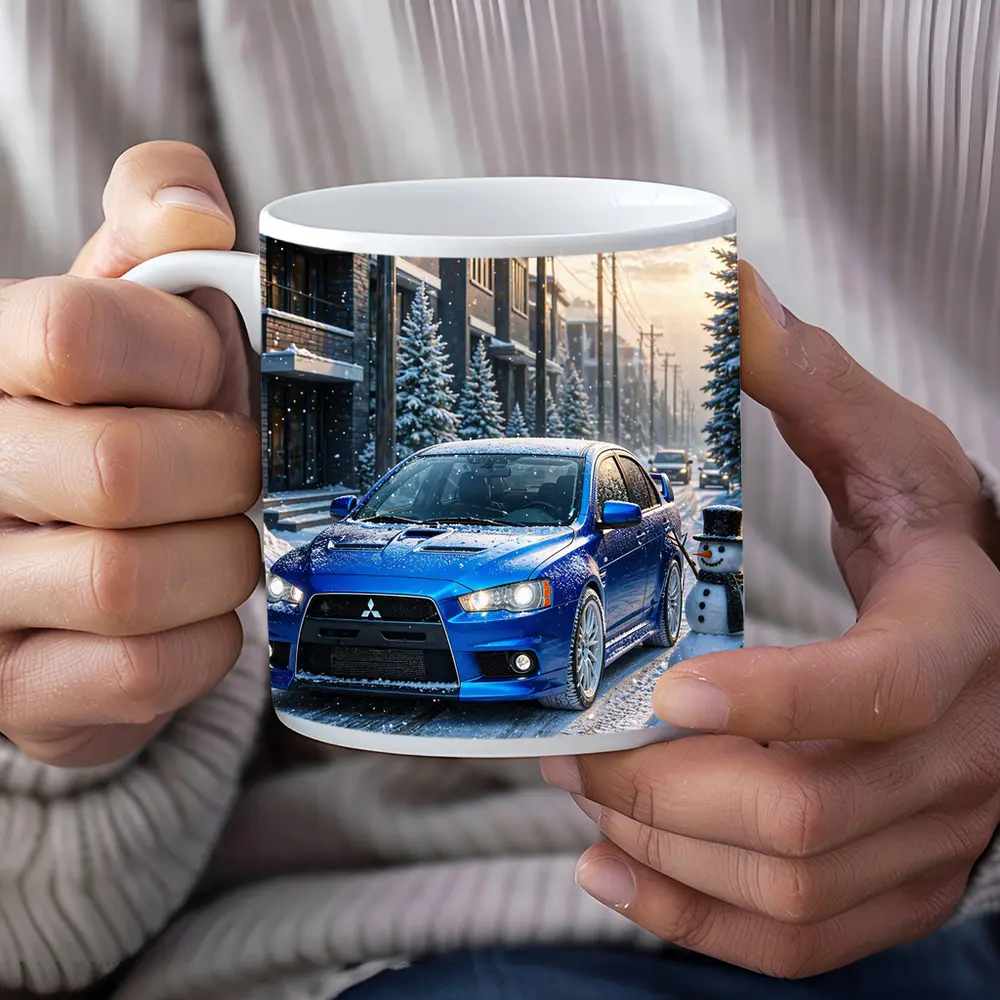Mitsubishi Lancer Evo Blue Winter Snow Street – Mugs