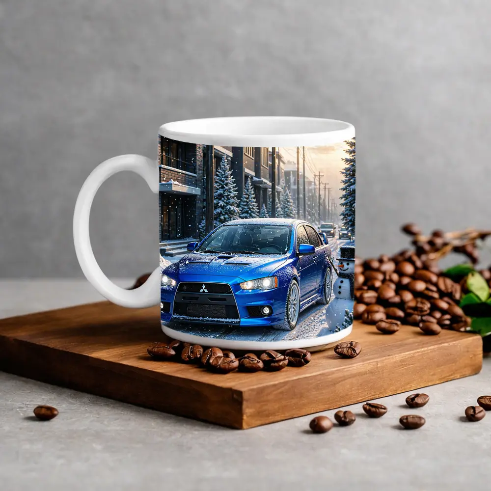 Mitsubishi Lancer Evo Blue Winter Snow Street – Mugs