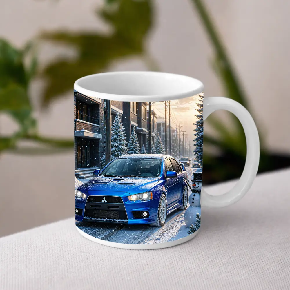 Mitsubishi Lancer Evo Blue Winter Snow Street – Mugs