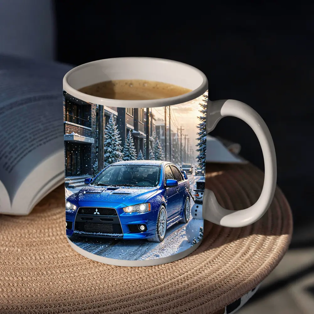 Mitsubishi Lancer Evo Blue Winter Snow Street – Mugs