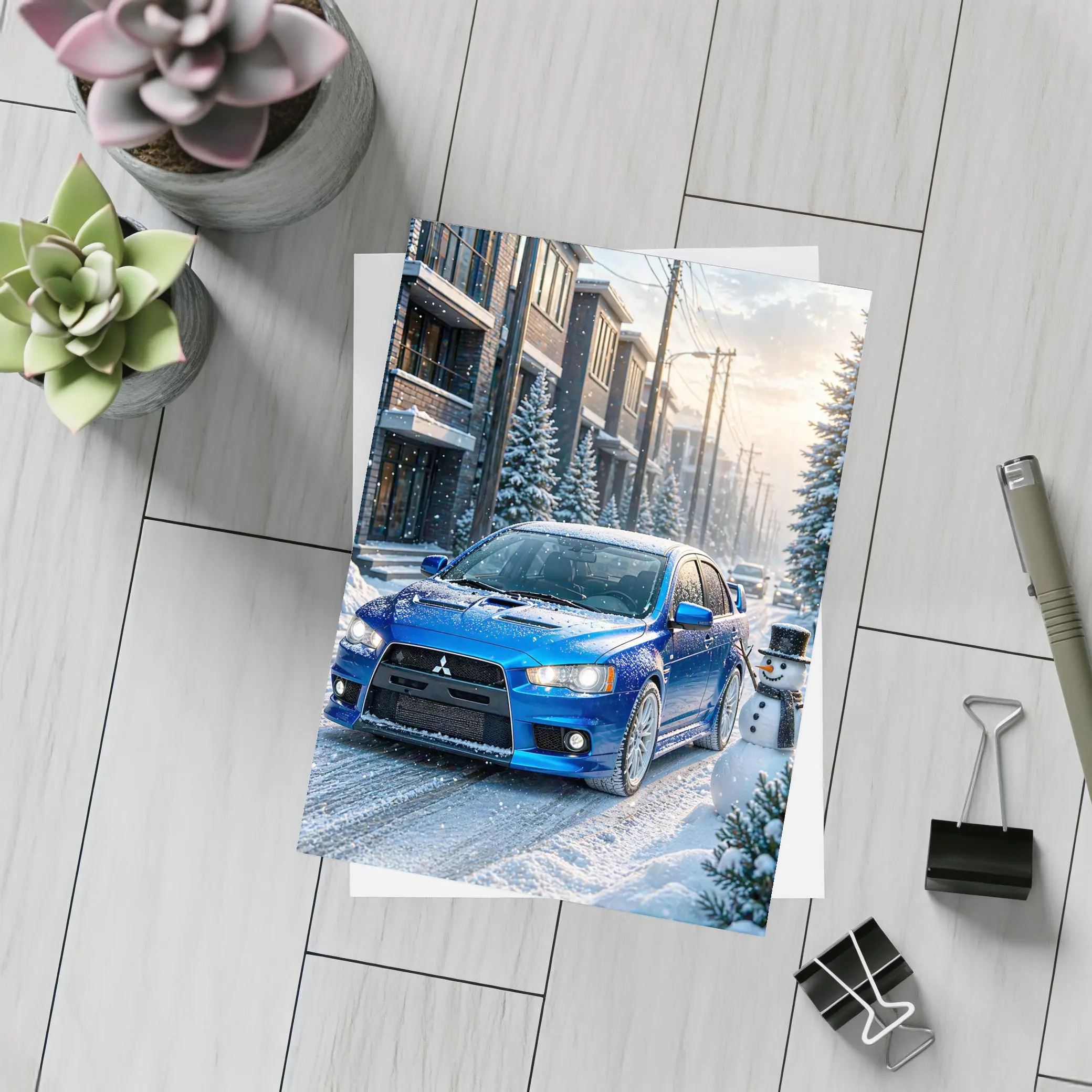 Mitsubishi Lancer Evo Blue Winter Snow Street – Postcards