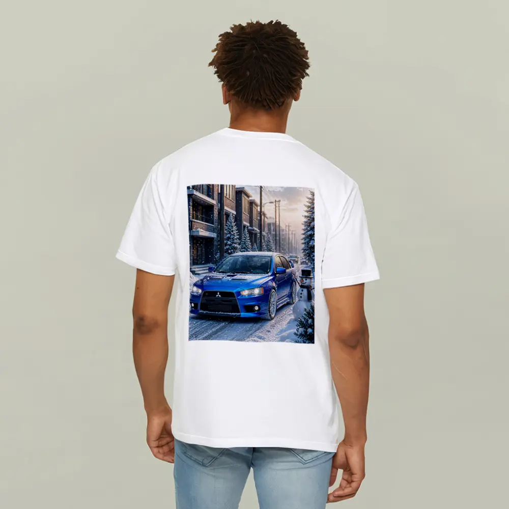 Mitsubishi Lancer Evo Blue Winter Snow Street – T-Shirts