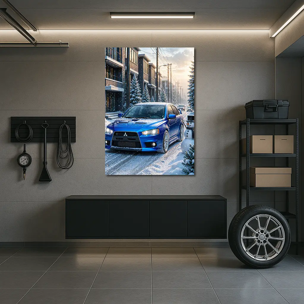 Mitsubishi Lancer Evo Blue Winter Snow Street – Wall Art