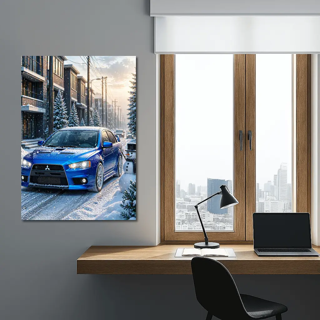 Mitsubishi Lancer Evo Blue Winter Snow Street – Wall Art