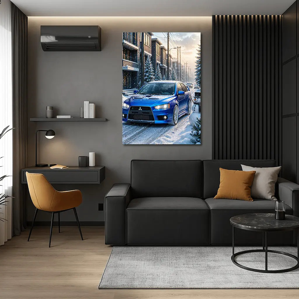 Mitsubishi Lancer Evo Blue Winter Snow Street – Wall Art