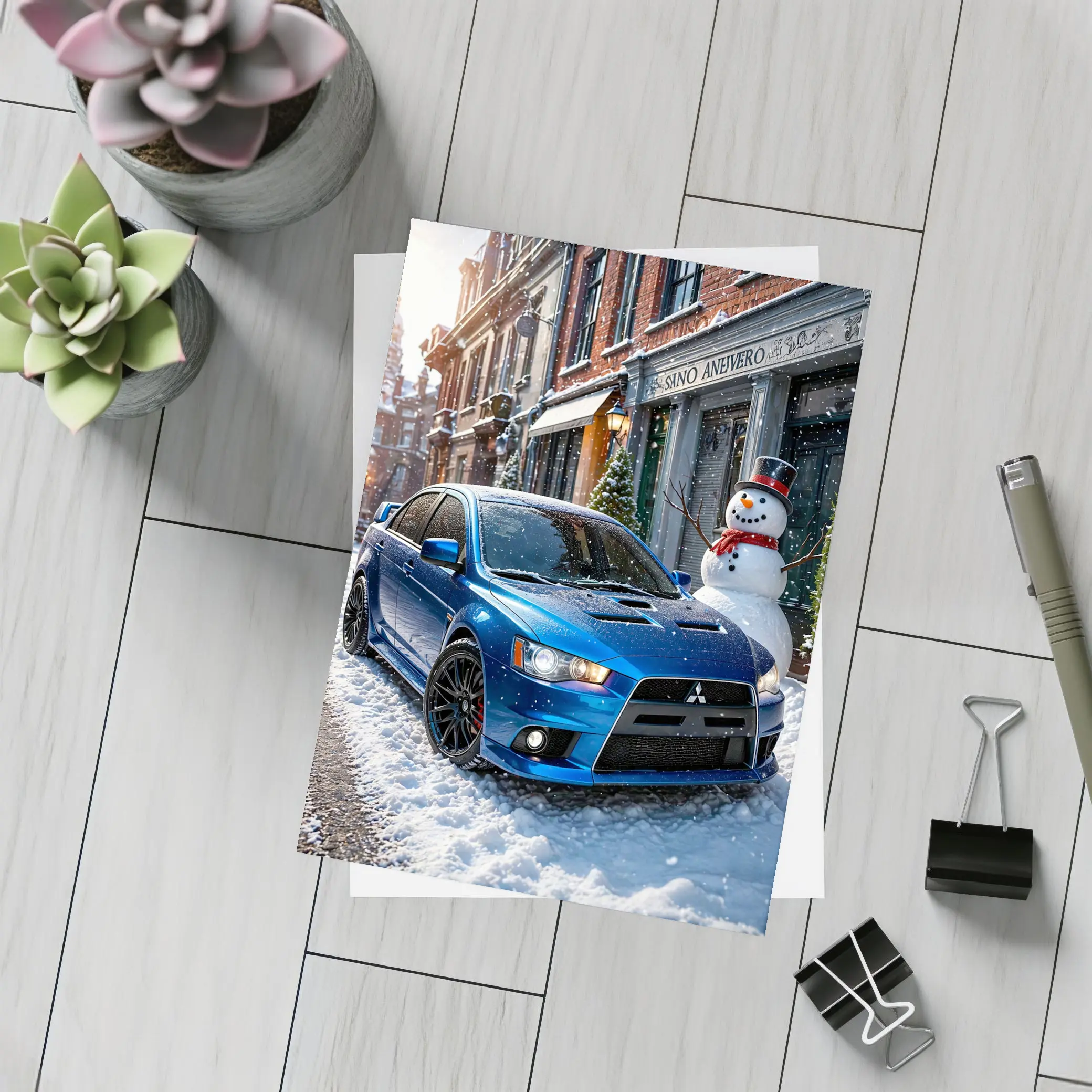 Mitsubishi Lancer Evolution Blue Winter Street – Postcards