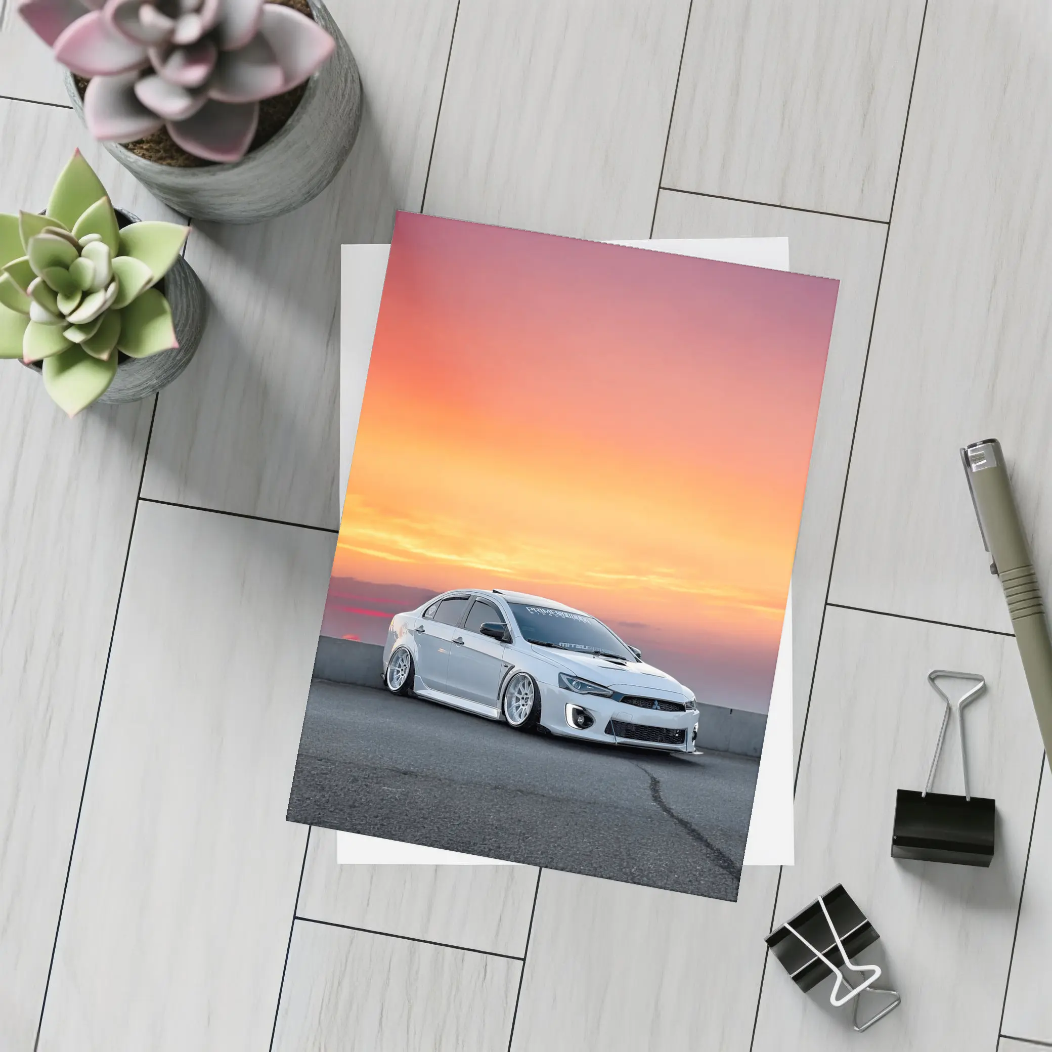 Mitsubishi Lancer Evo Slammed Sunset Sky – Postcards