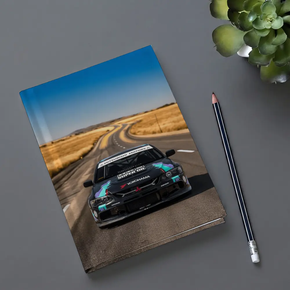 Mitsubishi Lancer Black Race Car Open Road – Notebooks