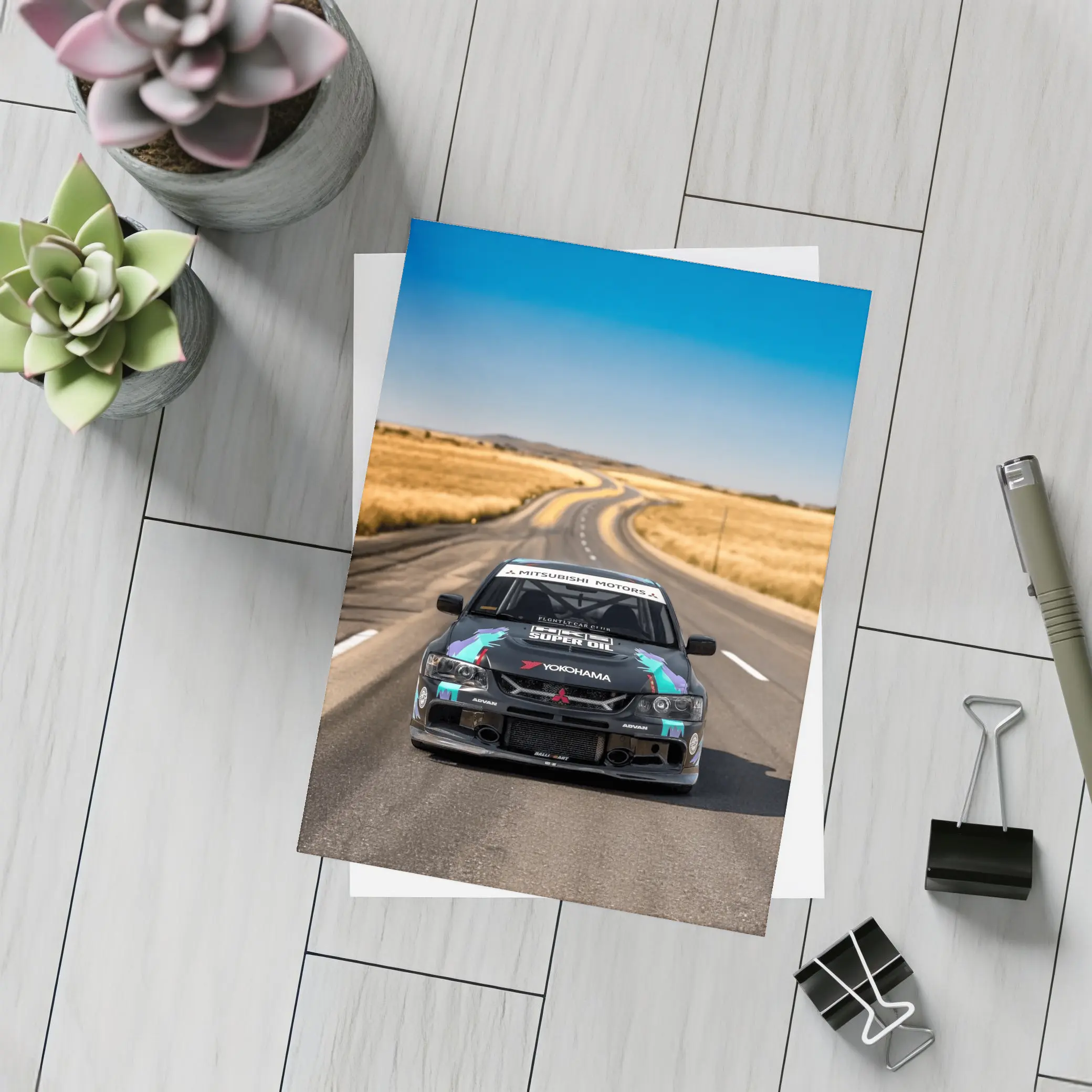 Mitsubishi Lancer Black Race Car Open Road – Postcards