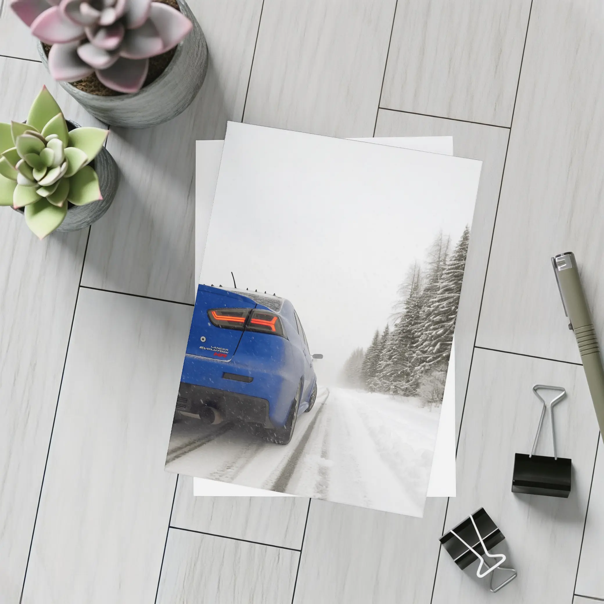 Mitsubishi Lancer Evolution Blue Winter Road – Postcards
