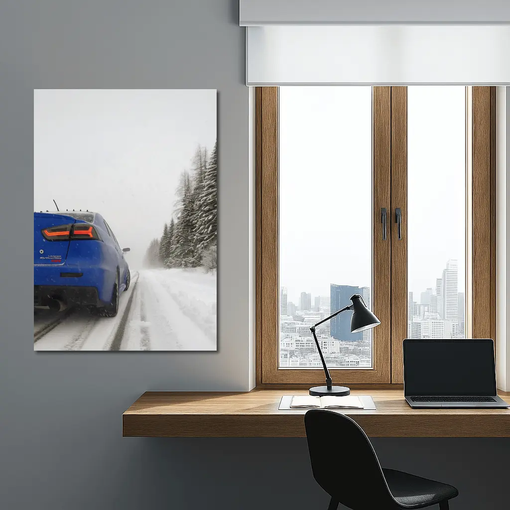 Mitsubishi Lancer Evolution Blue Winter Road – Wall Art