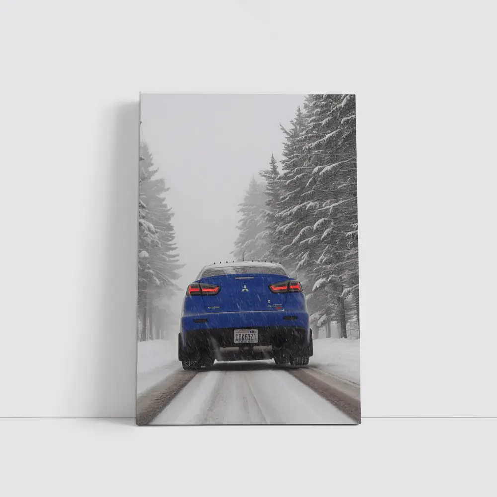 Mitsubishi Lancer Blue Driving Snowy Winter Road – Wall Art