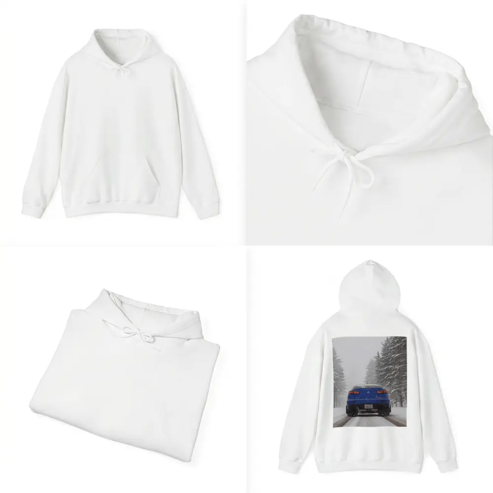 Mitsubishi Lancer Blue Driving Snowy Winter Road – Hoodies