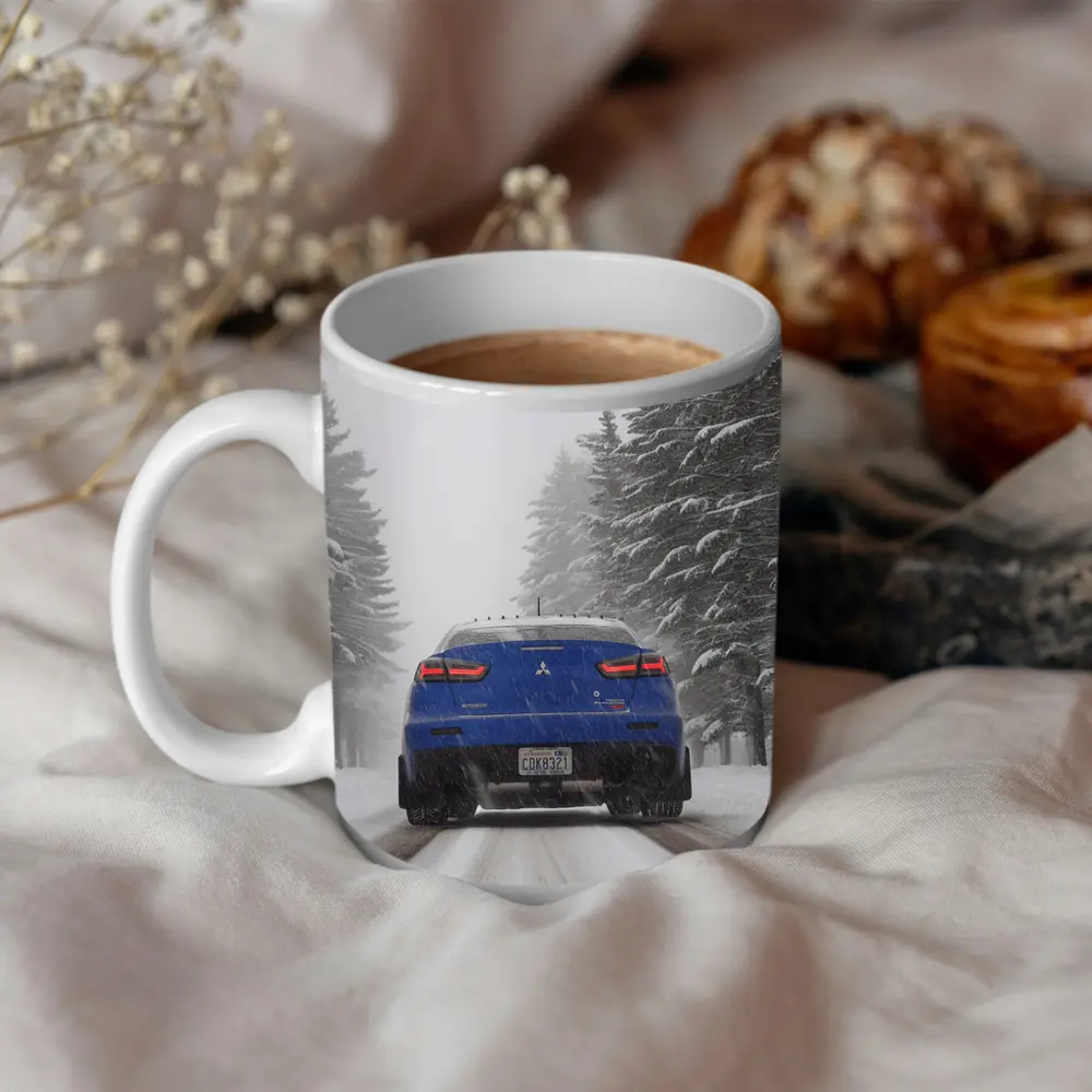 Mitsubishi Lancer Blue Driving Snowy Winter Road – Mugs