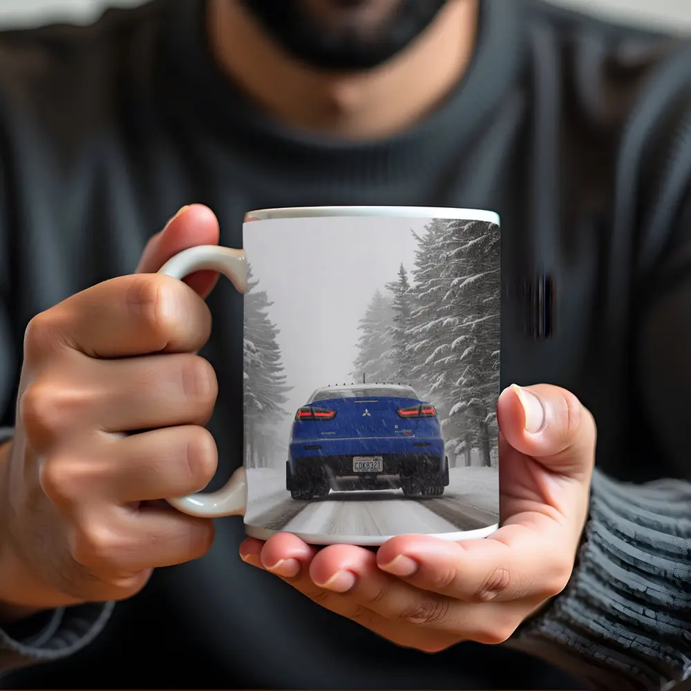 Mitsubishi Lancer Blue Driving Snowy Winter Road – Mugs