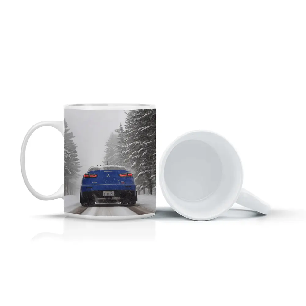 Mitsubishi Lancer Blue Driving Snowy Winter Road – Mugs