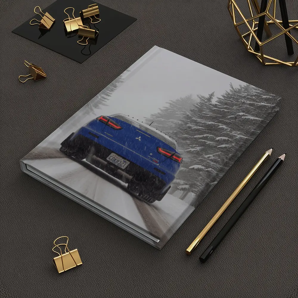Mitsubishi Lancer Blue Driving Snowy Winter Road – Notebooks