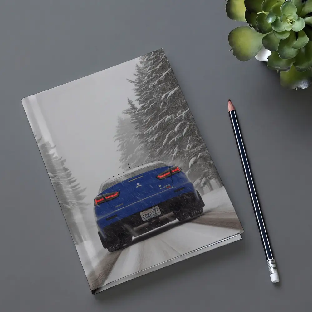 Mitsubishi Lancer Blue Driving Snowy Winter Road – Notebooks