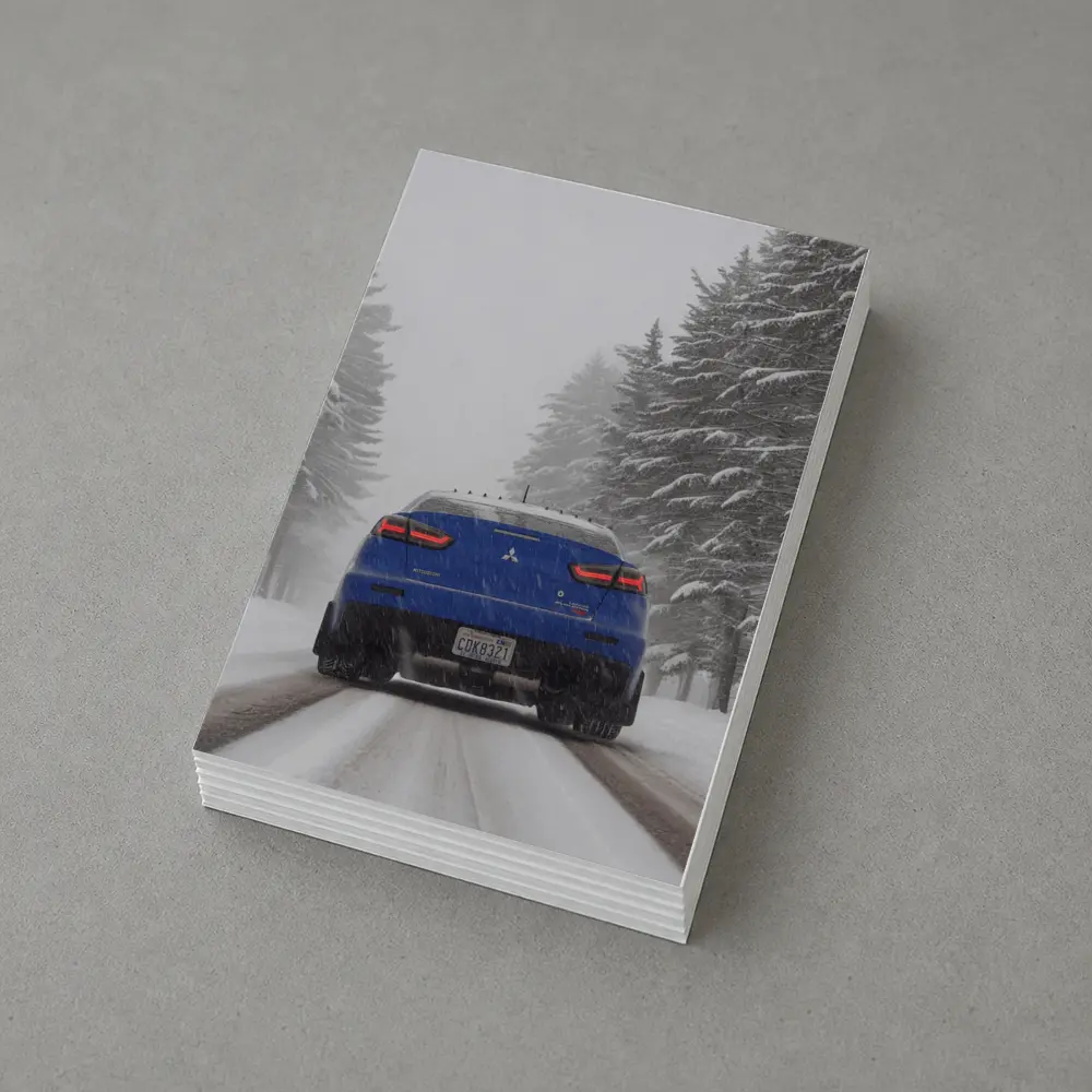 Mitsubishi Lancer Blue Driving Snowy Winter Road – Postcards