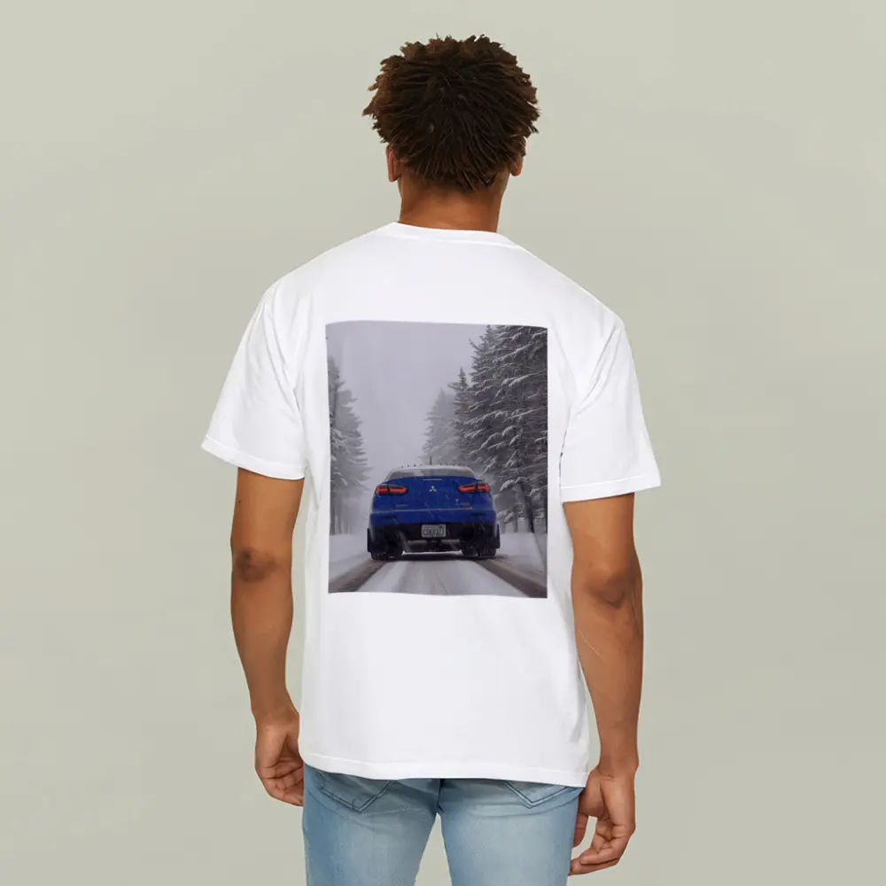 Mitsubishi Lancer Blue Driving Snowy Winter Road – T-Shirts