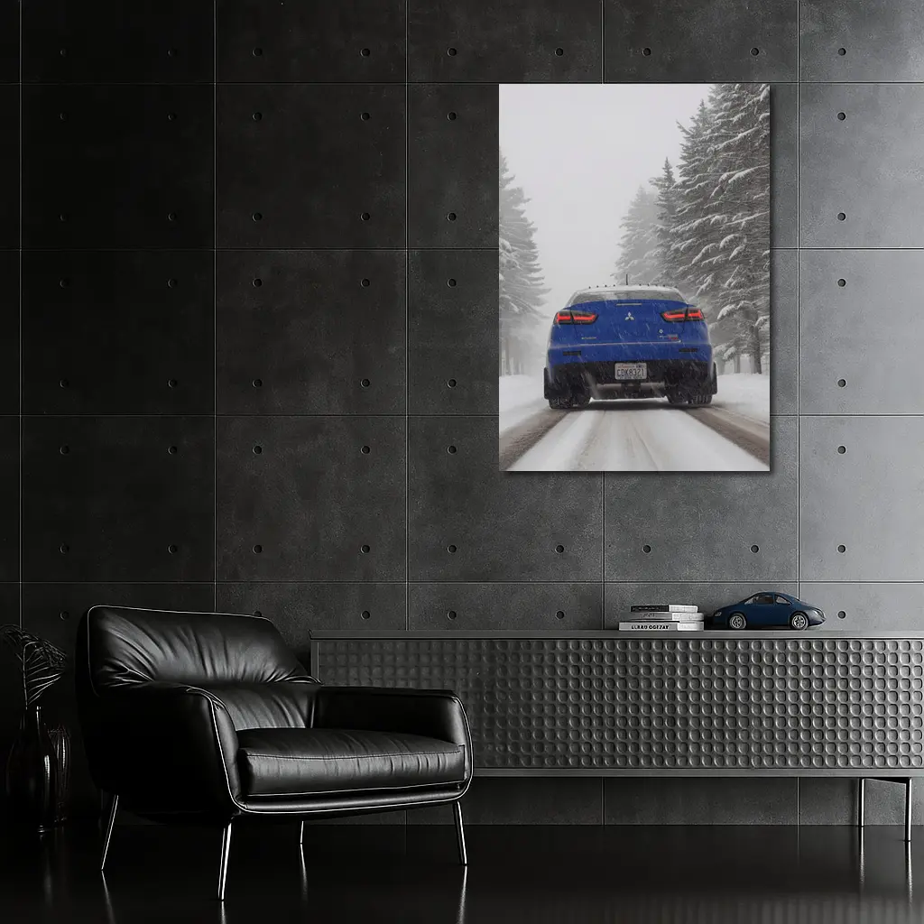 Mitsubishi Lancer Blue Driving Snowy Winter Road – Wall Art