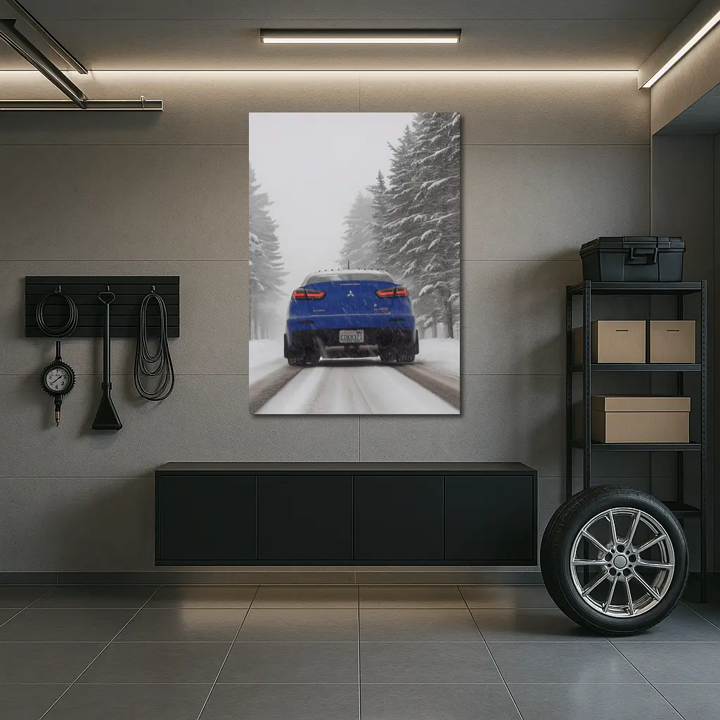 Mitsubishi Lancer Blue Driving Snowy Winter Road – Wall Art