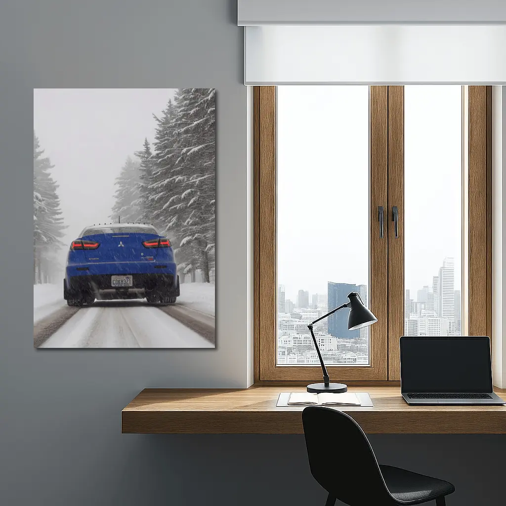 Mitsubishi Lancer Blue Driving Snowy Winter Road – Wall Art