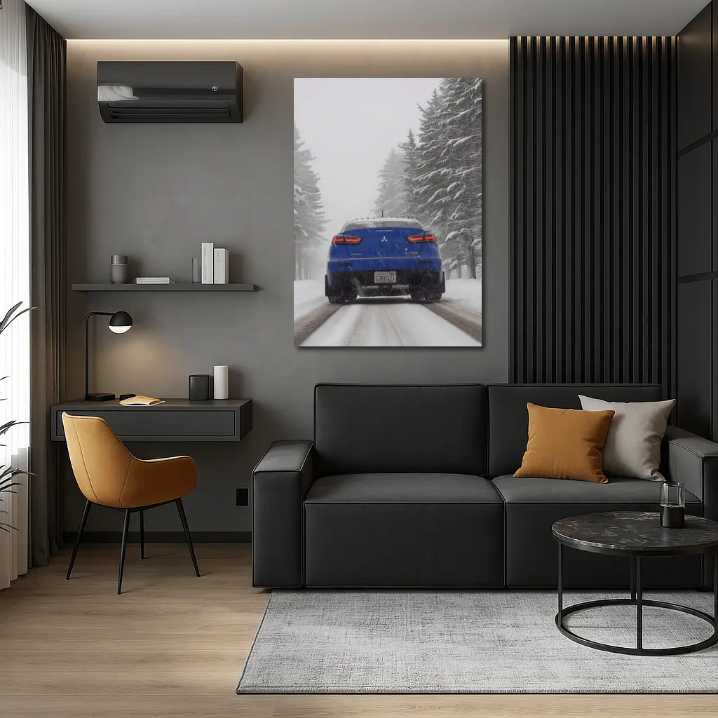 Mitsubishi Lancer Blue Driving Snowy Winter Road – Wall Art