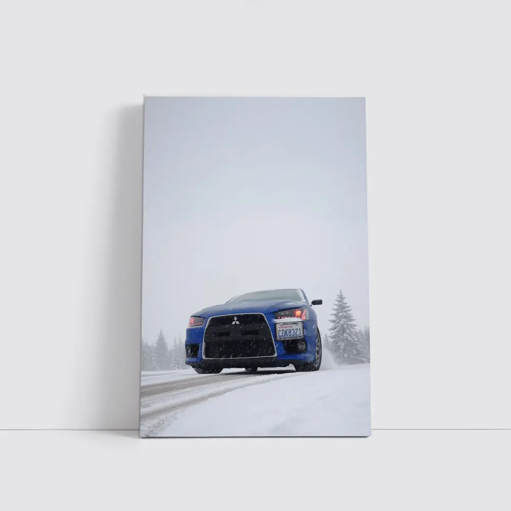 Mitsubishi Lancer Blue Car Snowy Road – Wall Art