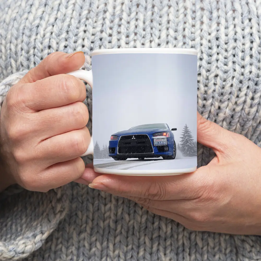 Mitsubishi Lancer Blue Car Snowy Road – Mugs