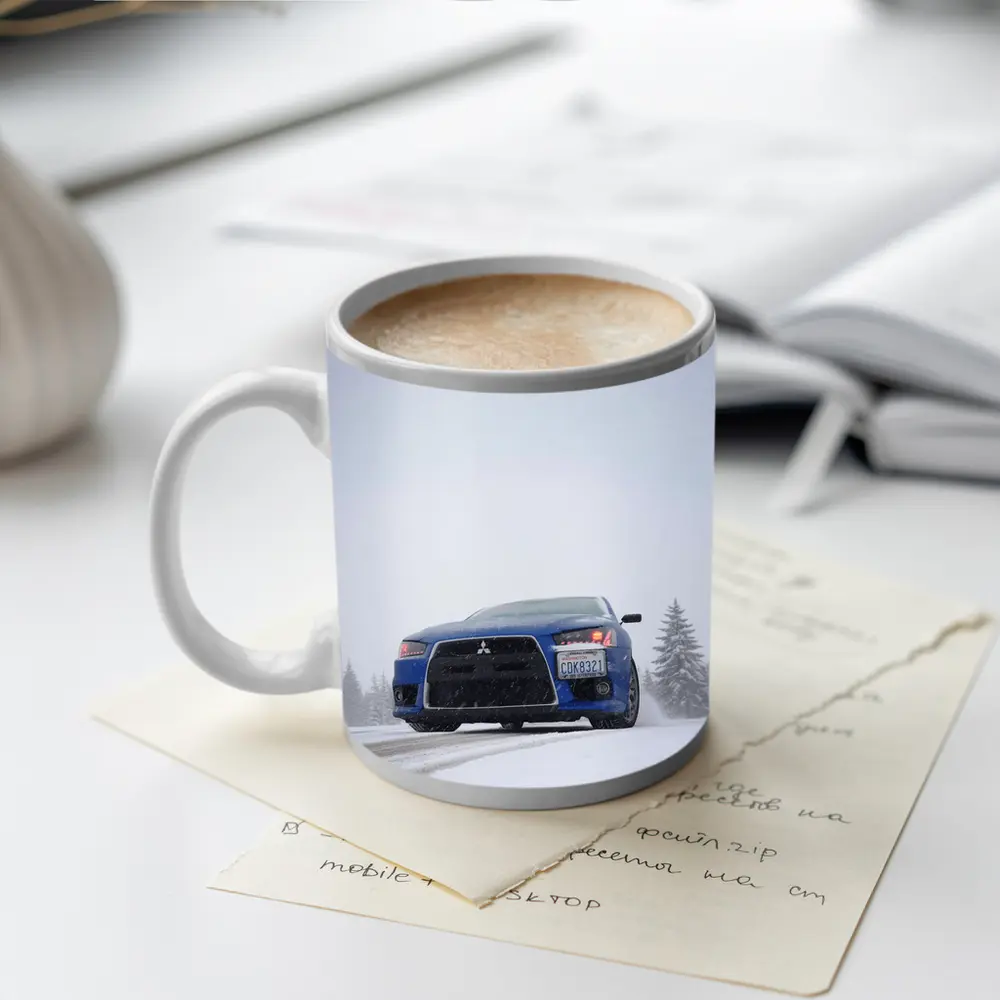 Mitsubishi Lancer Blue Car Snowy Road – Mugs