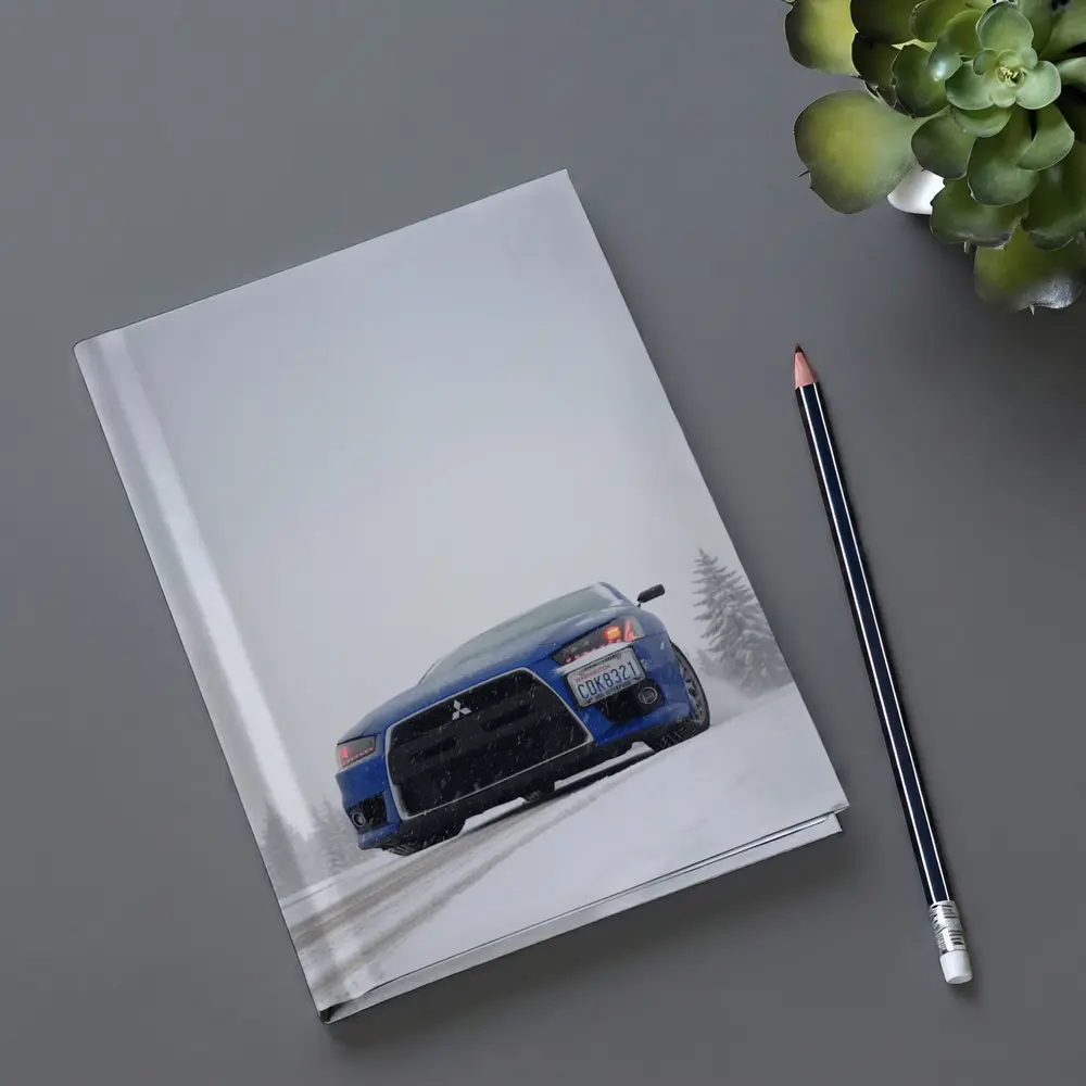 Mitsubishi Lancer Blue Car Snowy Road – Notebooks