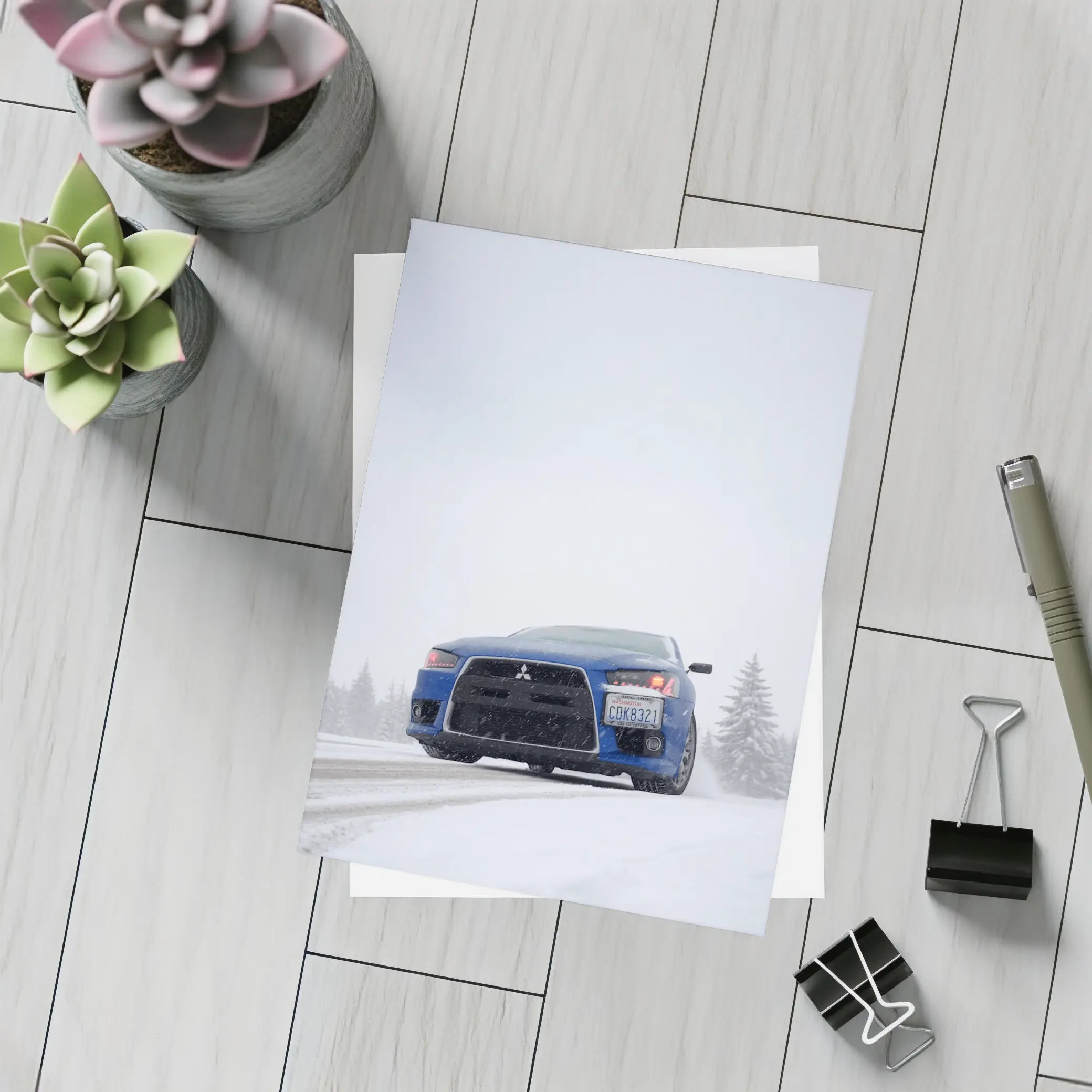 Mitsubishi Lancer Blue Car Snowy Road – Postcards