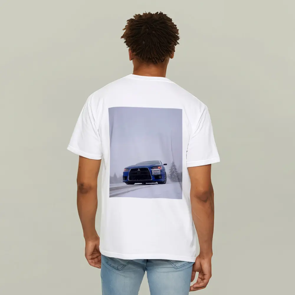 Mitsubishi Lancer Blue Car Snowy Road – T-Shirts