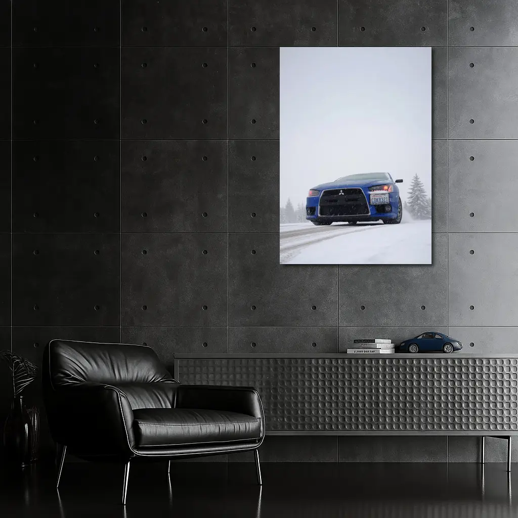 Mitsubishi Lancer Blue Car Snowy Road – Wall Art