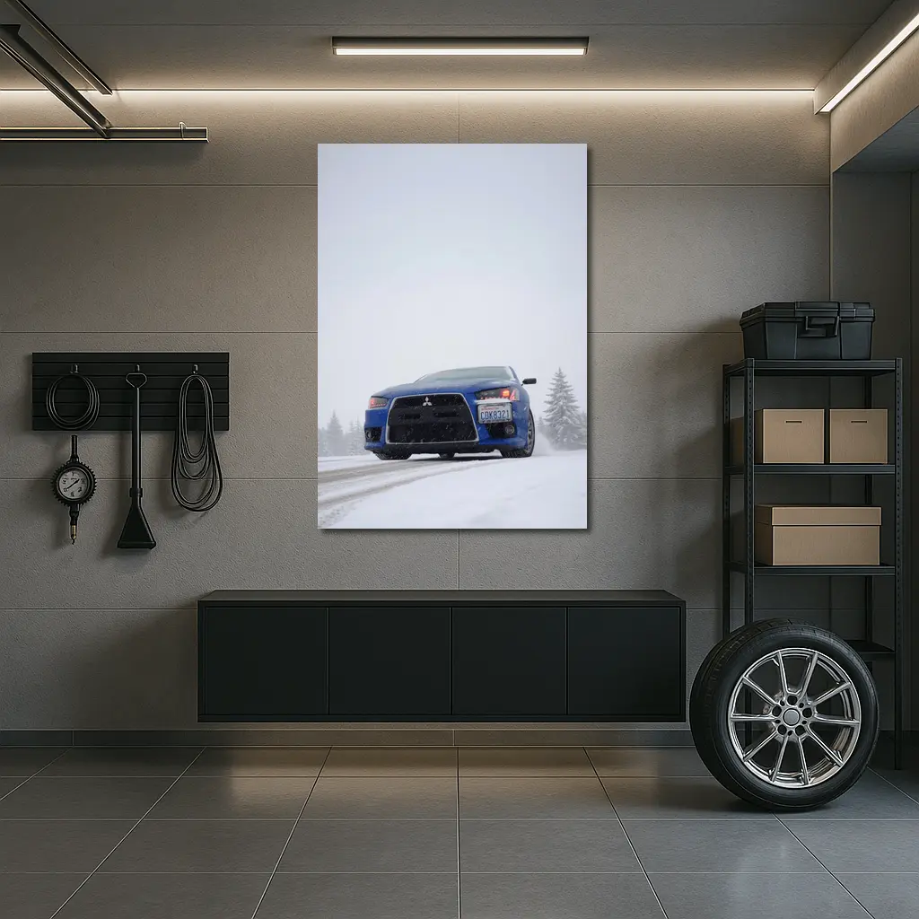 Mitsubishi Lancer Blue Car Snowy Road – Wall Art