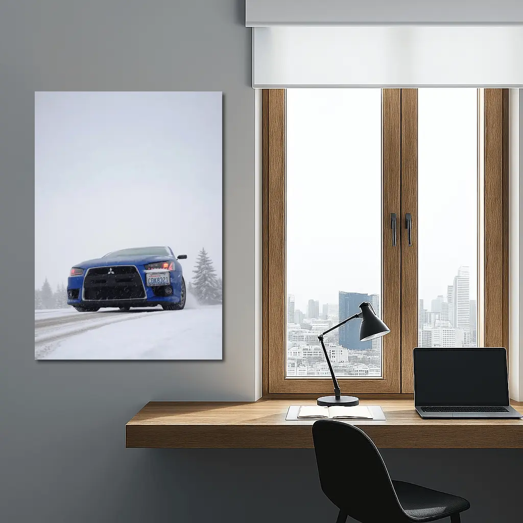 Mitsubishi Lancer Blue Car Snowy Road – Wall Art