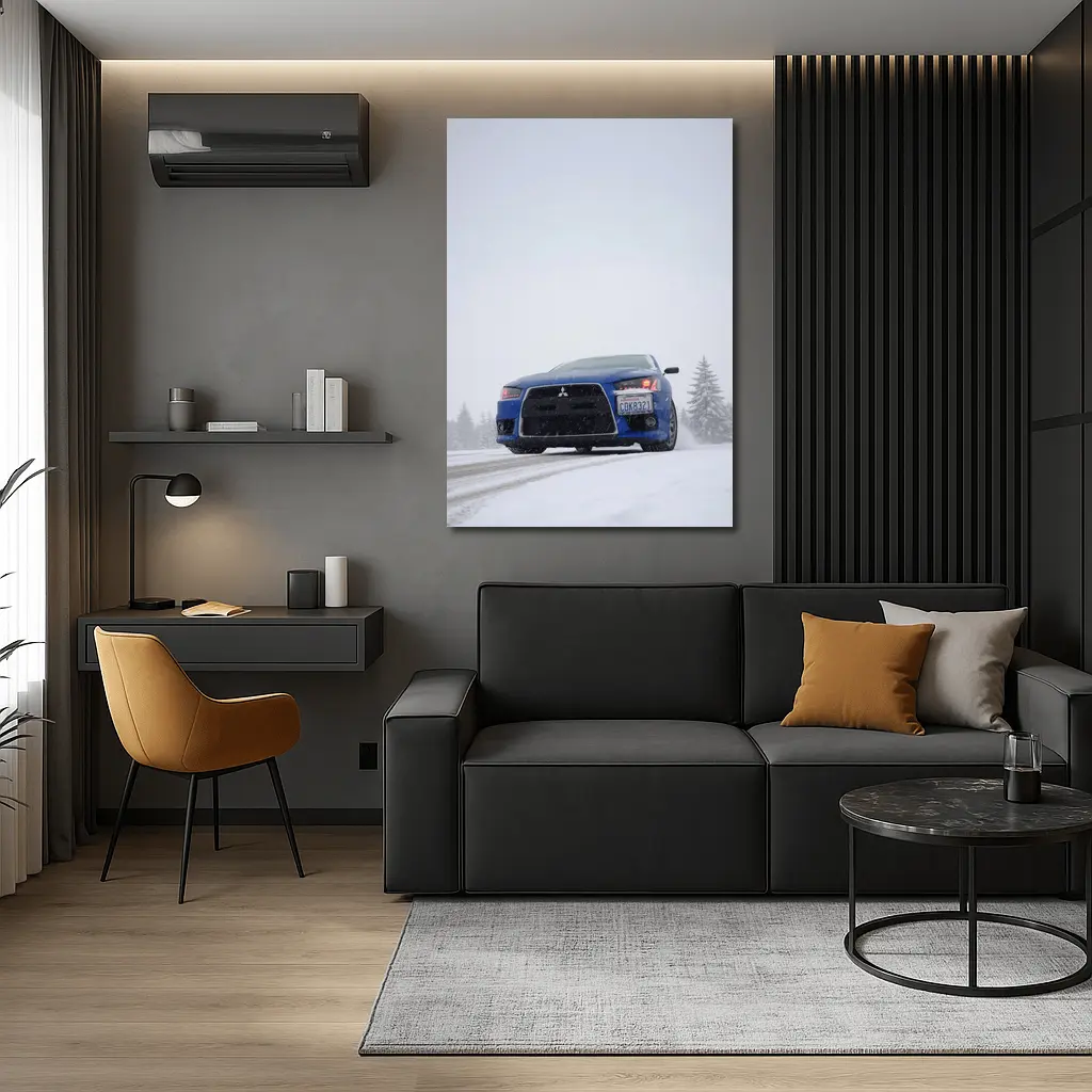 Mitsubishi Lancer Blue Car Snowy Road – Wall Art