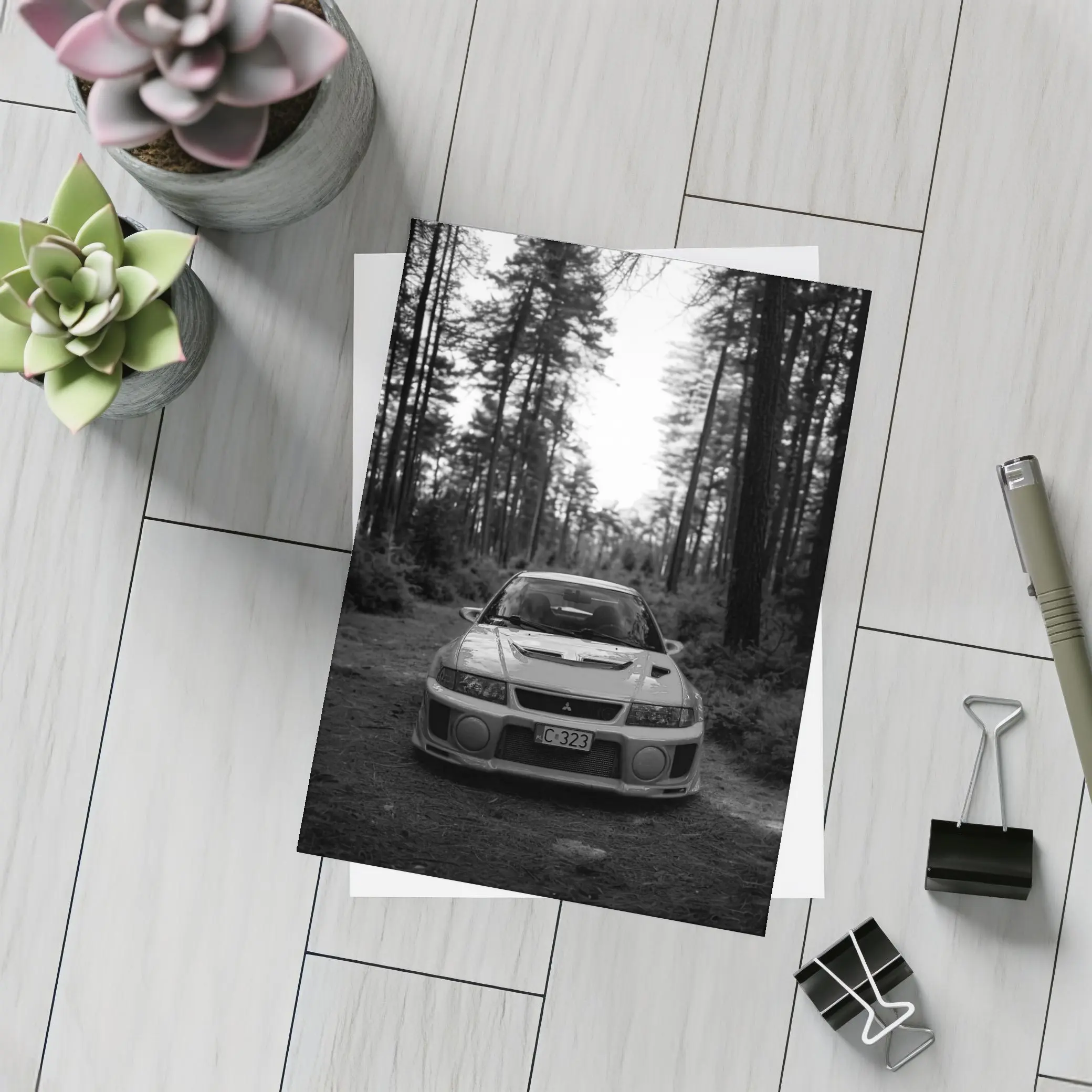 Mitsubishi Lancer Evolution Forest Black White – Postcards