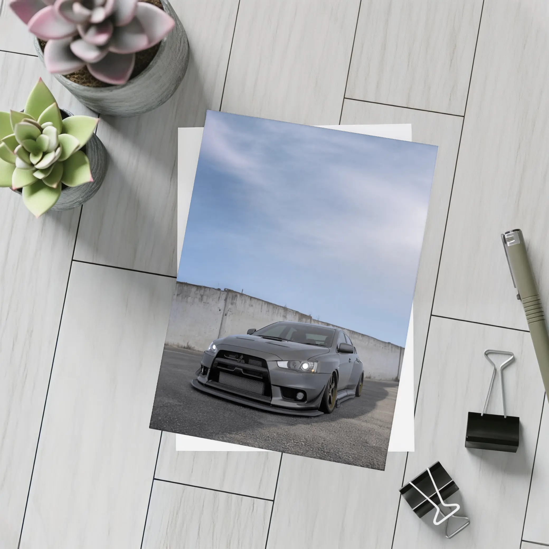Mitsubishi Lancer Evo Matte Gray Concrete Wall – Postcards