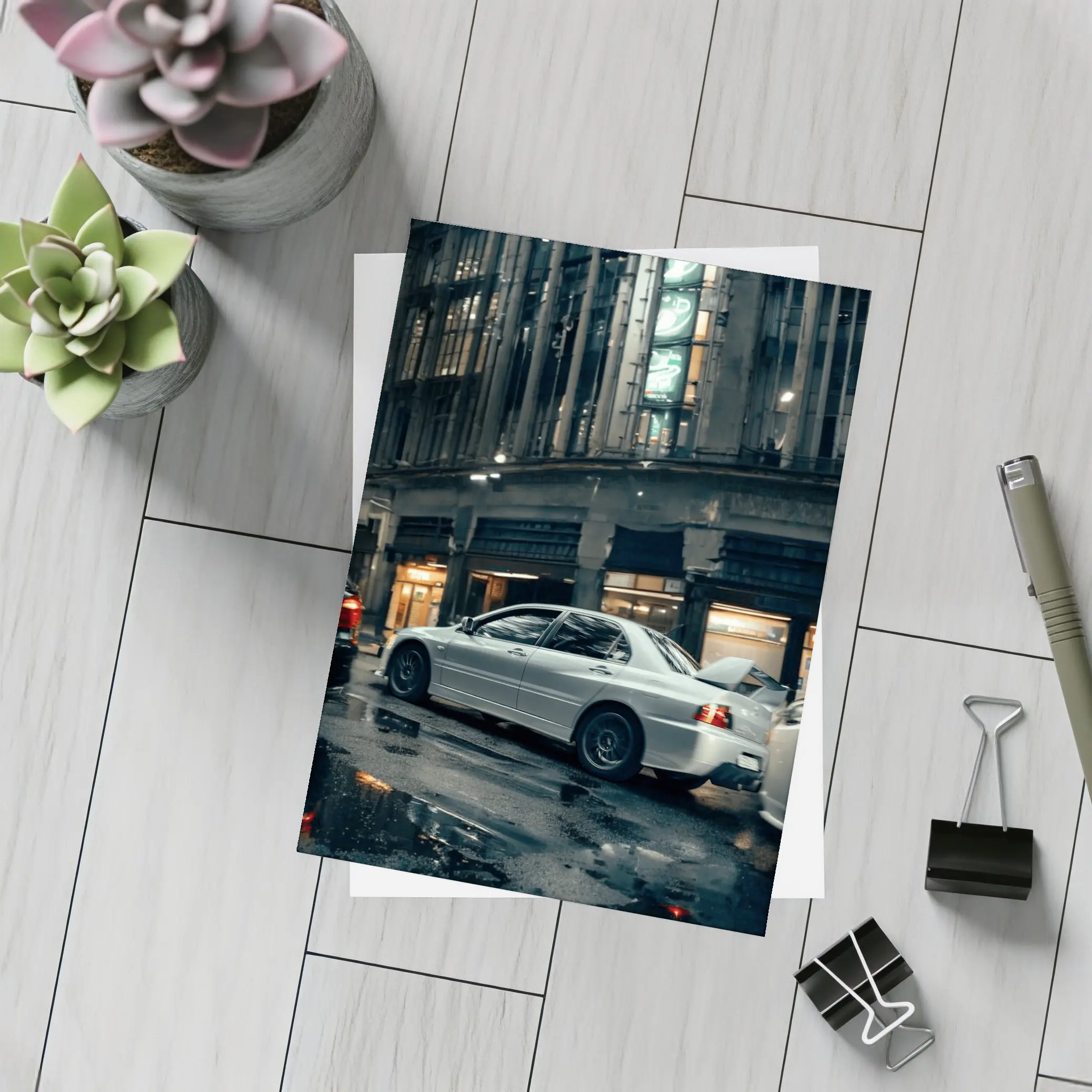 Mitsubishi Lancer Evo Rainy City Street Night – Postcards