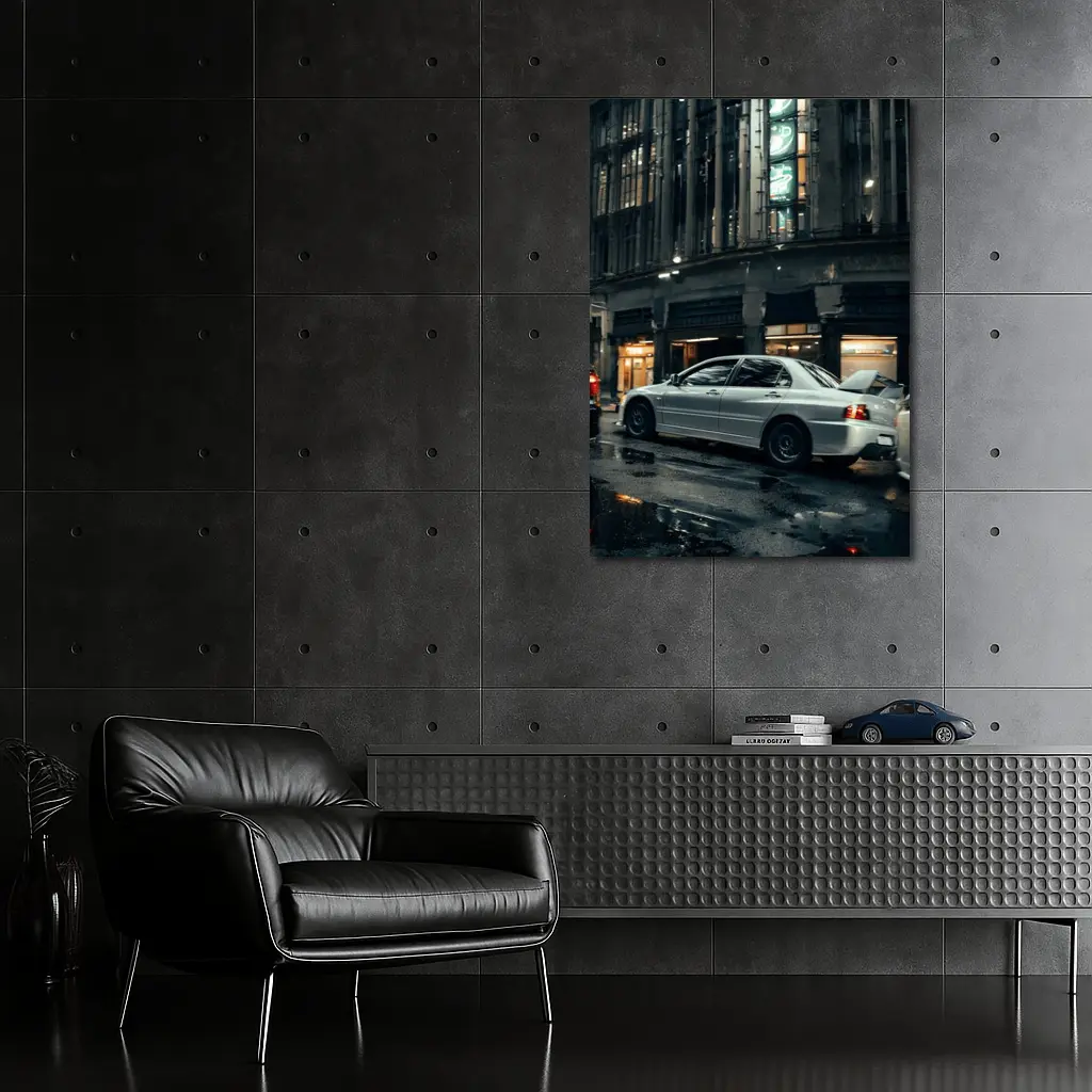 Mitsubishi Lancer Evo Rainy City Street Night – Wall Art