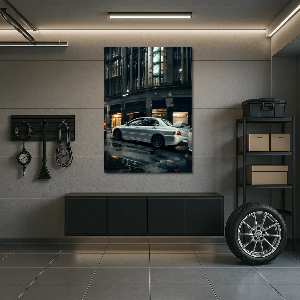 Mitsubishi Lancer Evo Rainy City Street Night – Wall Art